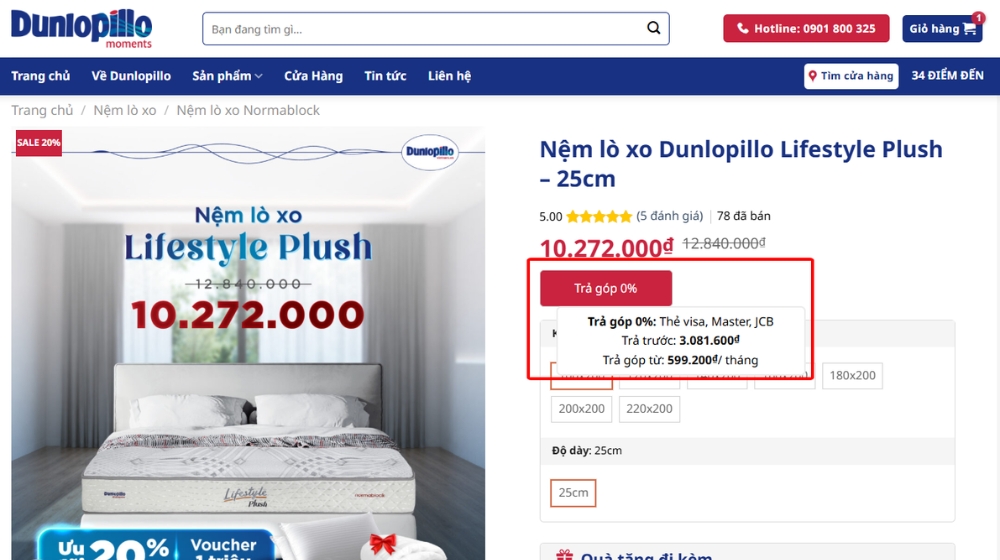 Khách hàng đặt mua trên website Dunlopillovietnam.vn có thể chọn thanh toán trả góp