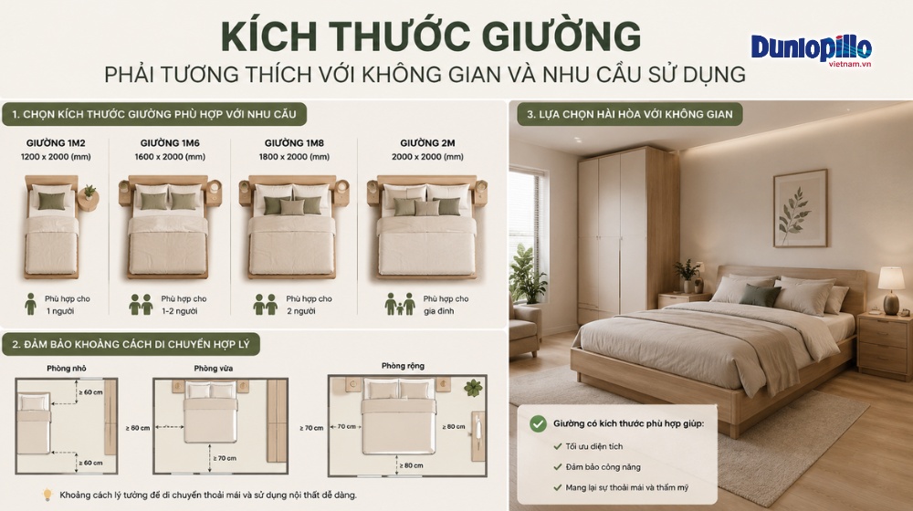 Chọn giường ngủ có kích thước phù hợp với không gian và nhu cầu sử dụng