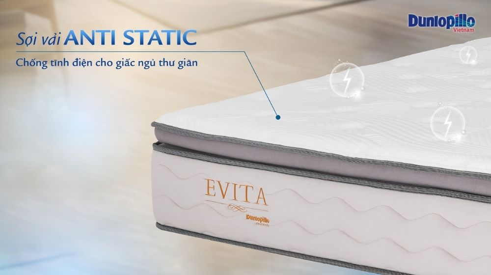 Công nghệ Anti-Static tích hợp trong sợ vải áo bọc nệm lò xo Dunlopillo Evita