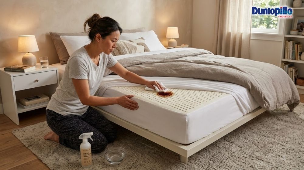Xử lý vết bẩn trên nệm bằng khăn ẩm và dung dịch chuyên dụng