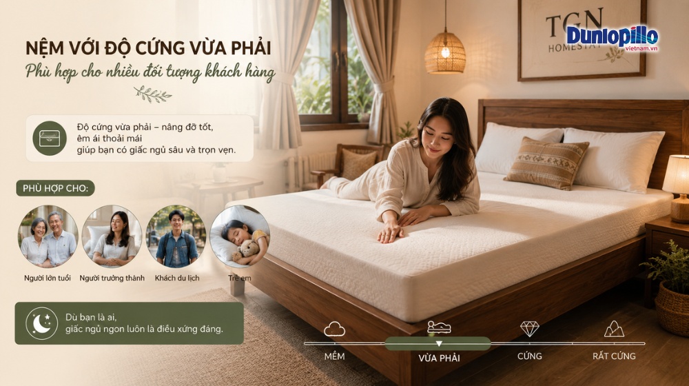Nệm với độ cứng vừa phải phù hợp cho nhiều đối tượng khách hàng