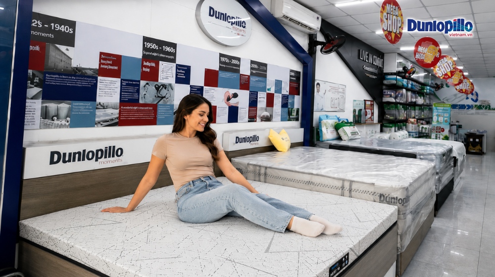 Khu vực trải nghiệm nệm Dunlopillo tại cửa hàng Thế Giới Nệm
