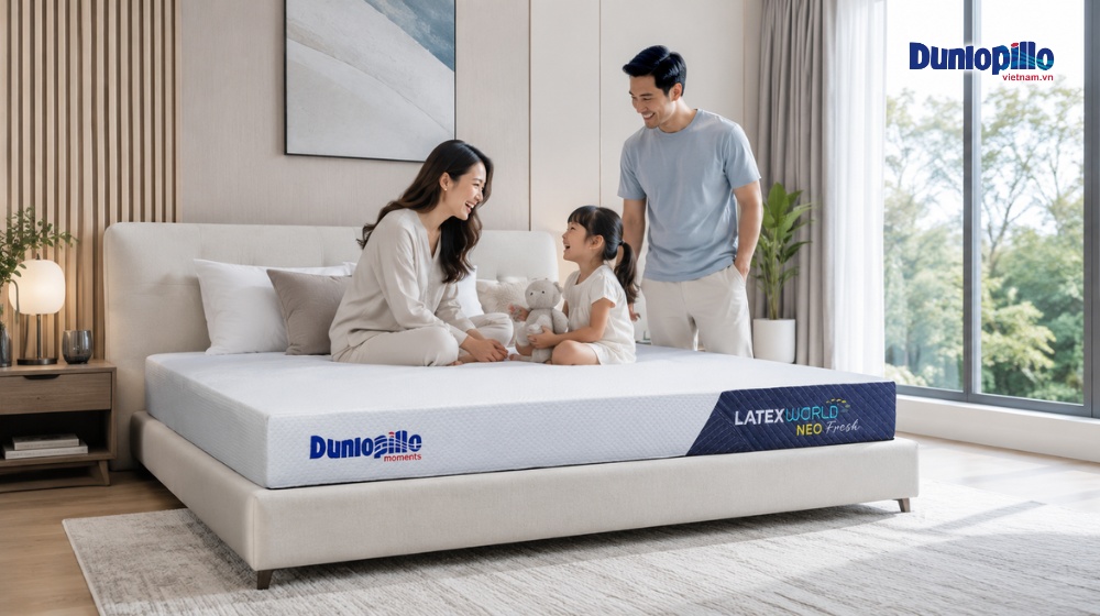 Nệm Dunlopillo 2m trong phòng ngủ hiện đại rộng rãi