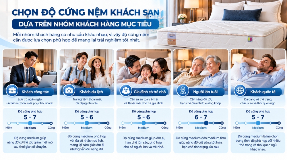 Chọn độ cứng nệm khách sạn dựa trên nhóm khách hàng mục tiêu