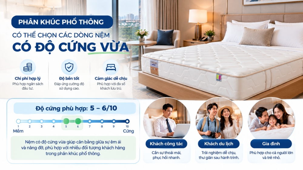 Phân khúc phổ thông có thể chọn các dòng nệm có độ cứng vừa
