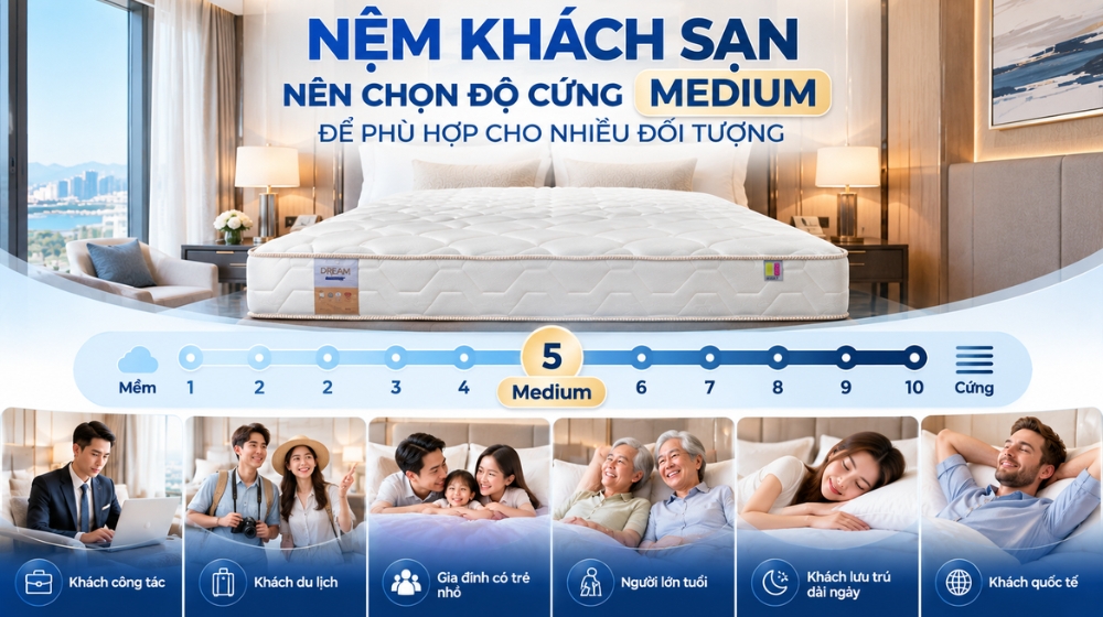 Nệm khách sạn nên chọn độ cứng medium để phù hợp cho nhiều đối tượng