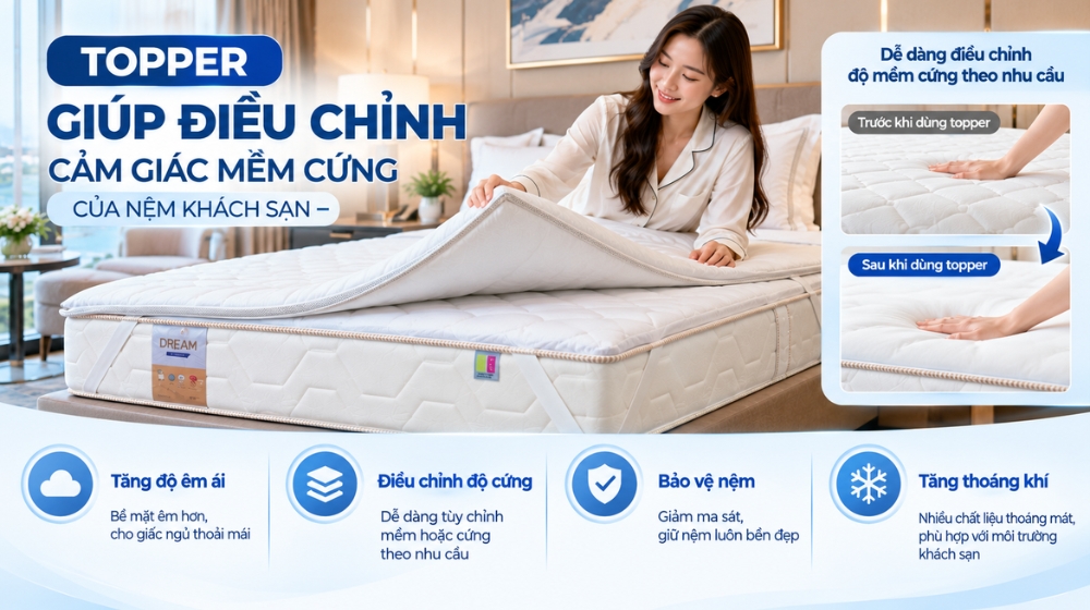 Topper giúp điều chỉnh cảm giác mềm cứng của nệm khách sạn