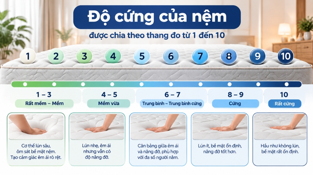 Độ cứng của nệm được chia theo thang đo từ 1 đến 10
