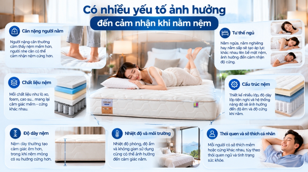 Có nhiều yếu tố ảnh hưởng đến cảm nhận khi nằm nệm